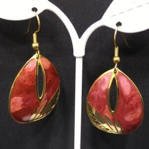 Red Marbled Enamel Gold Plated Drop Earrings, Openwork, 1980s, 2 Inches